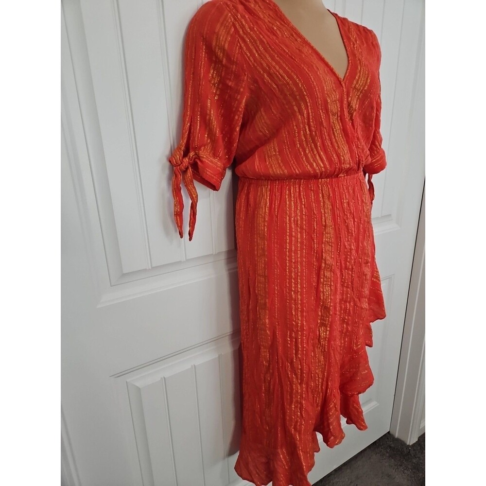 Michael Kors Women's Orange Gold Metallic Stripe V-Neck Faux Wrap Dress Size XL - Picture 3 of 11
